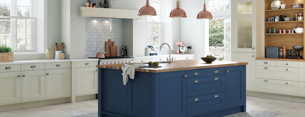 17. PAIR BLUE CABINETRY WITH CAMBRIA SUMMERHILL FOR A KITCHEN ISLAND