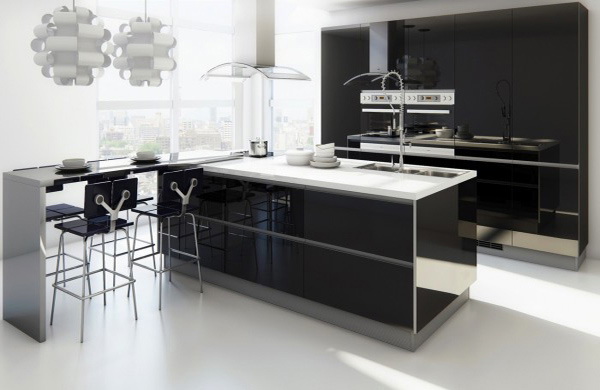 26. BLACK AND WHITE KITCHEN WITH A BAR