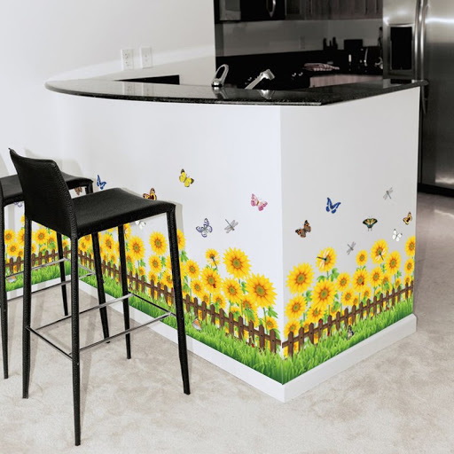 28. FARMHOUSE KITCHEN ISLAND WITH WHITE AND SUNFLOWER DECOR