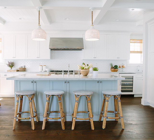 31. Inspiring White Kitchen with Light Blue Island