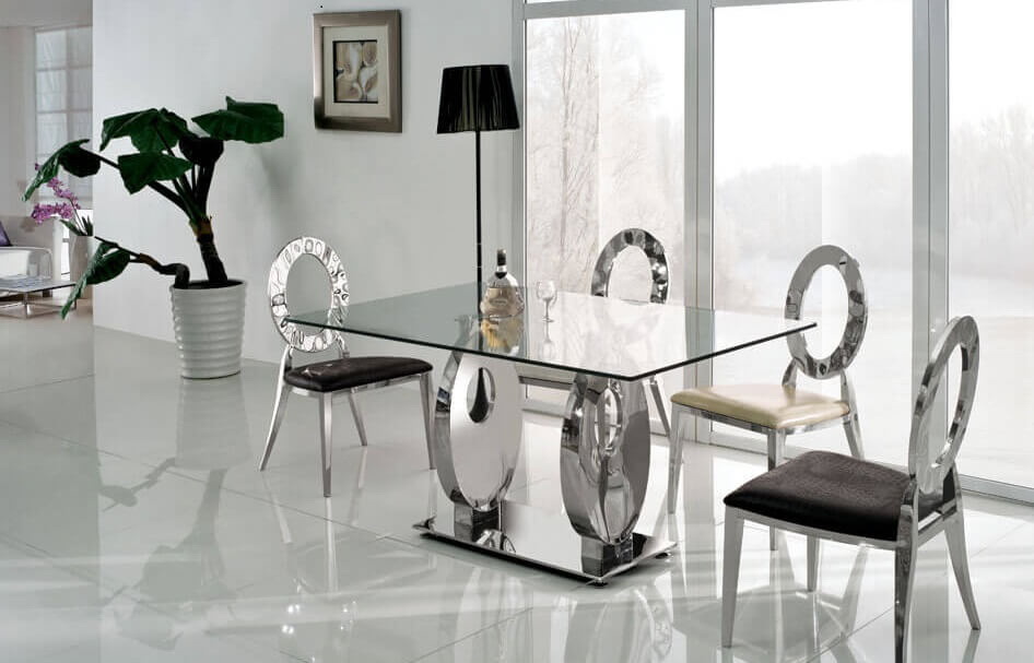 34. METALLIC DINING TABLE WITH GLASS TOP