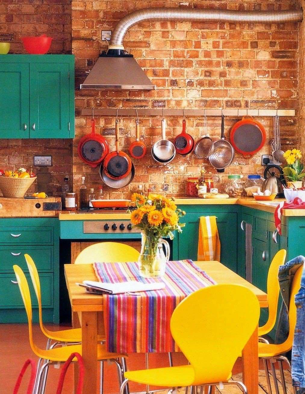 8. Teal Cabinets With Bright Yellow Accents