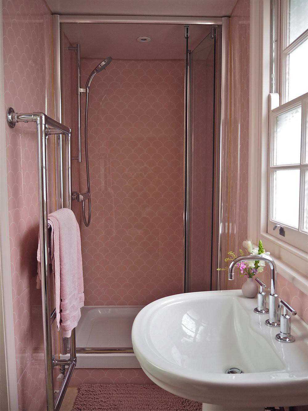 11. DIY Scalloped Pink Shower Wall