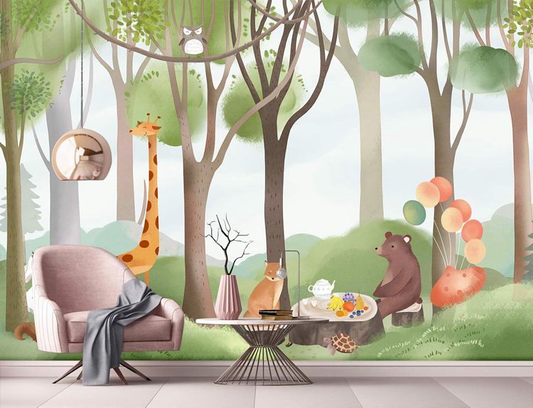 animal-picnic-in-forest-wallpaper-mural-dining-room