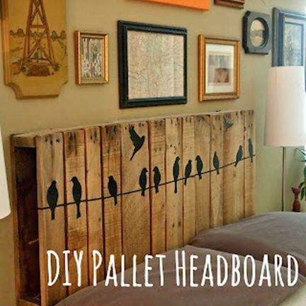 40. Pallet Wood Headboard Decorated with Bird Silhouette