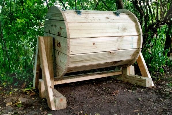 55. A Rotating Wood Barrel Compost Bin